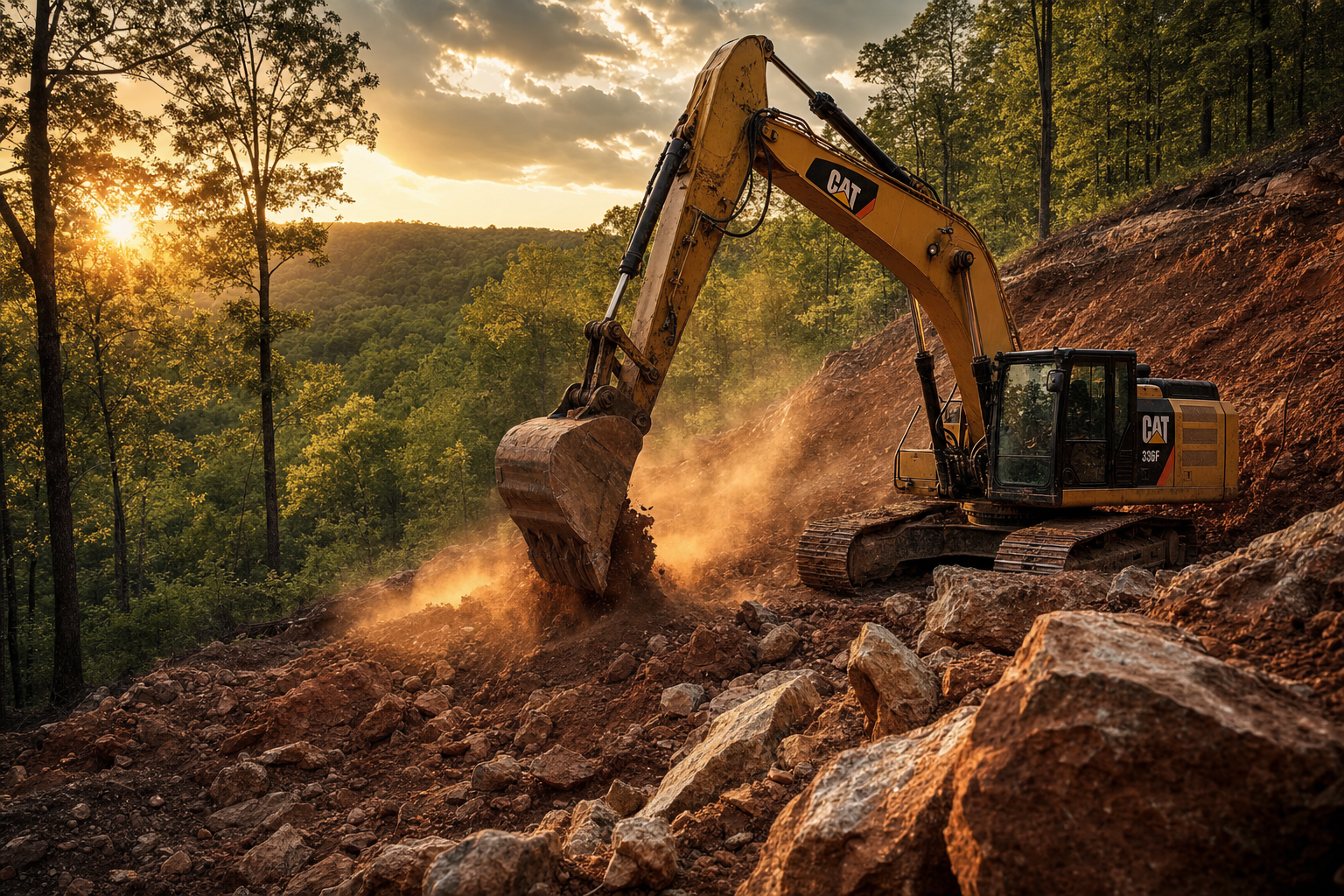 Excavator breaking ground at golden hour