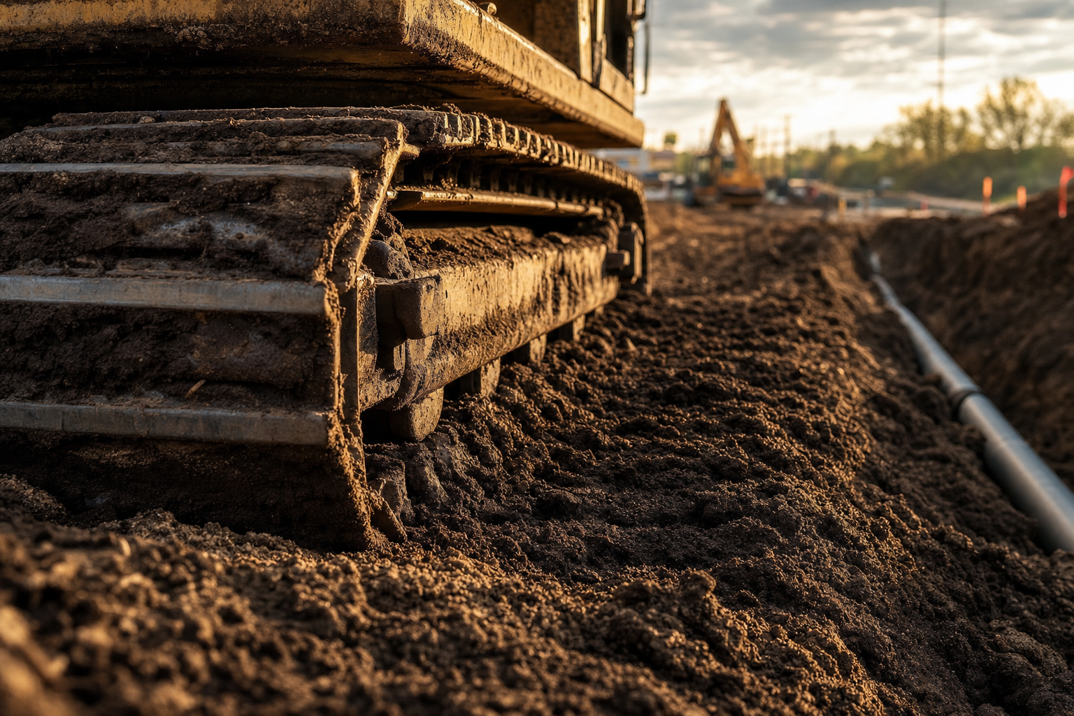 Heavy equipment tracks in rocky soil